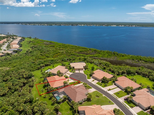 bird's eye view with a water view