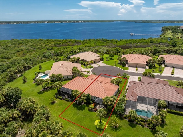 drone / aerial view with a water view