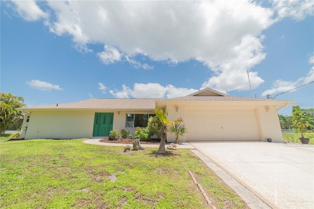 single story home with a garage and a front yard