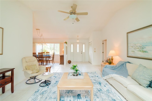 tiled living room featuring ceiling fan