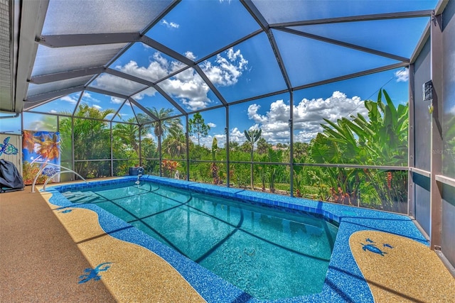 view of swimming pool with glass enclosure