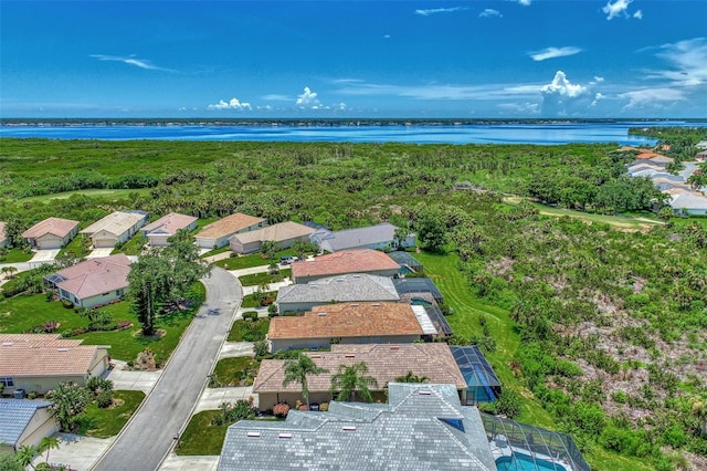 bird's eye view with a water view