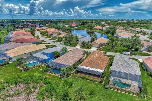 drone / aerial view featuring a water view