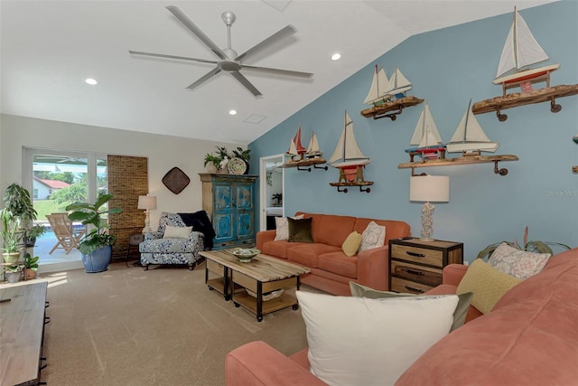 carpeted living room featuring ceiling fan and vaulted ceiling