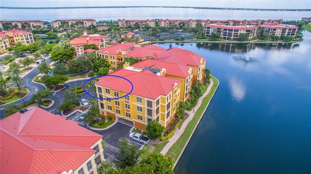 aerial view featuring a water view