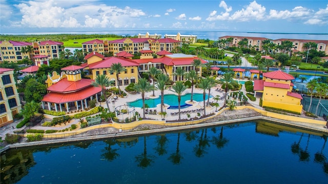 aerial view featuring a water view