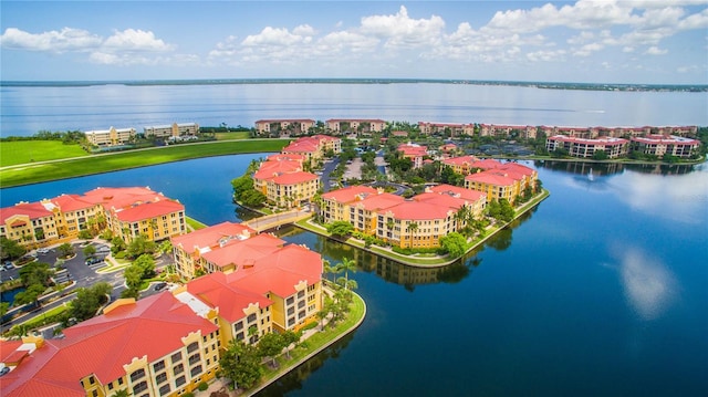 bird's eye view with a water view