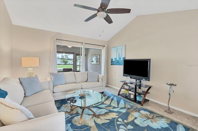 living room with vaulted ceiling, carpet flooring, and ceiling fan