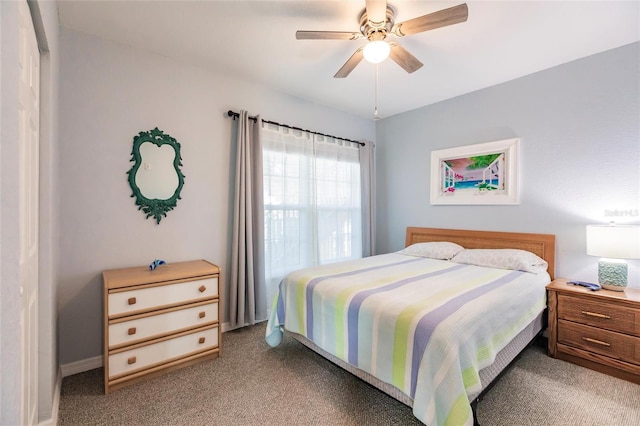 bedroom with light colored carpet and ceiling fan