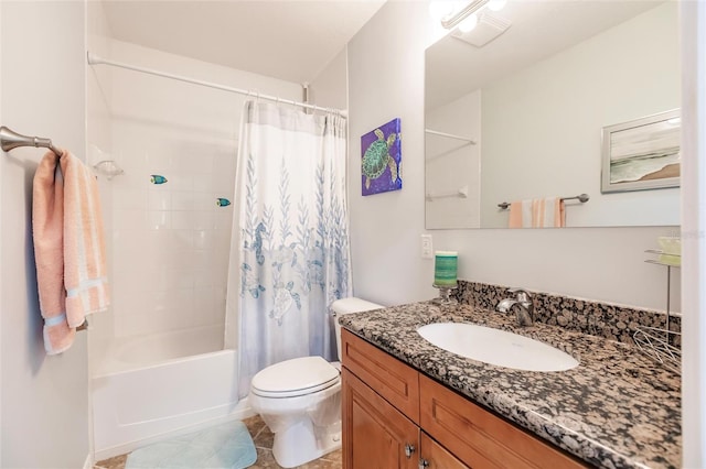 full bathroom featuring vanity, shower / tub combo, tile patterned flooring, and toilet