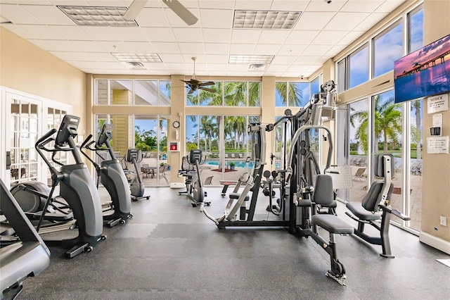 exercise room with ceiling fan, a drop ceiling, and a wall of windows