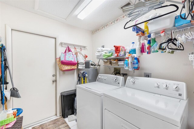 washroom with washer and clothes dryer and water heater