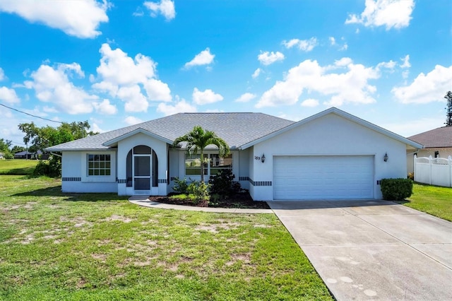 single story home featuring a garage, stucco siding, concrete driveway, and a front yard