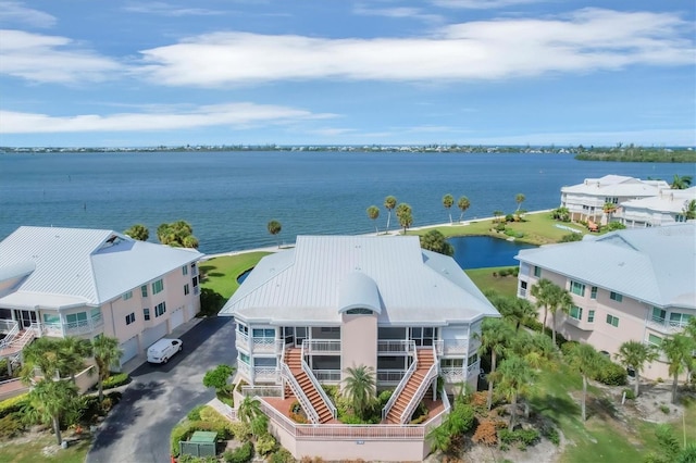 drone / aerial view featuring a water view