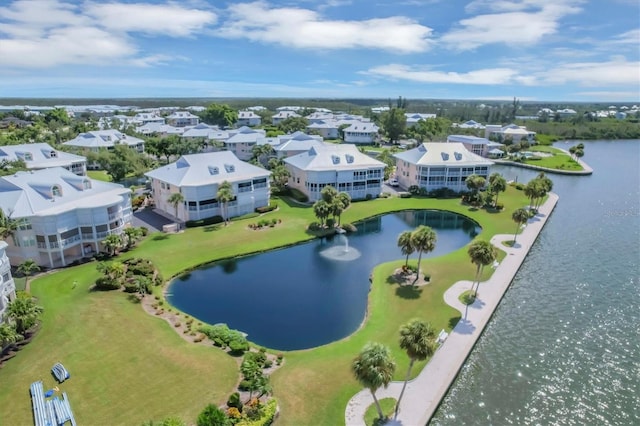 aerial view featuring a water view and a residential view