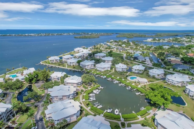 aerial view featuring a water view and a residential view