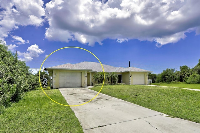 ranch-style house with a garage and a front yard