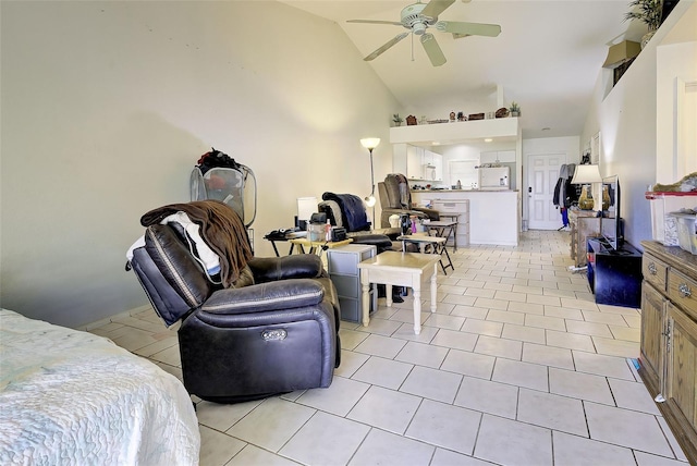 interior space featuring lofted ceiling and ceiling fan