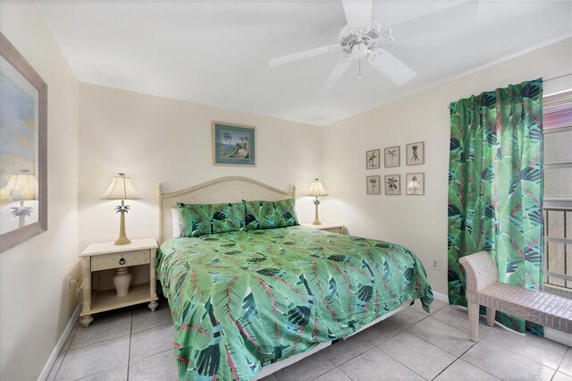 bedroom featuring light tile patterned floors and ceiling fan