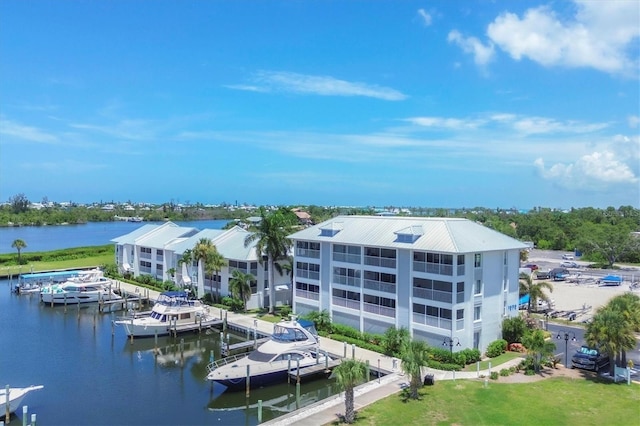 exterior space with a water view