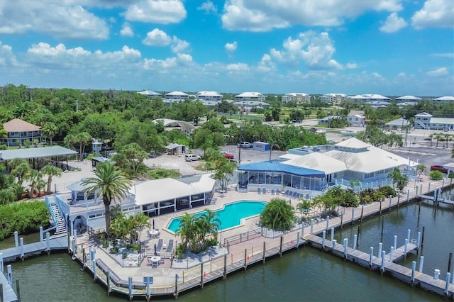 aerial view featuring a water view