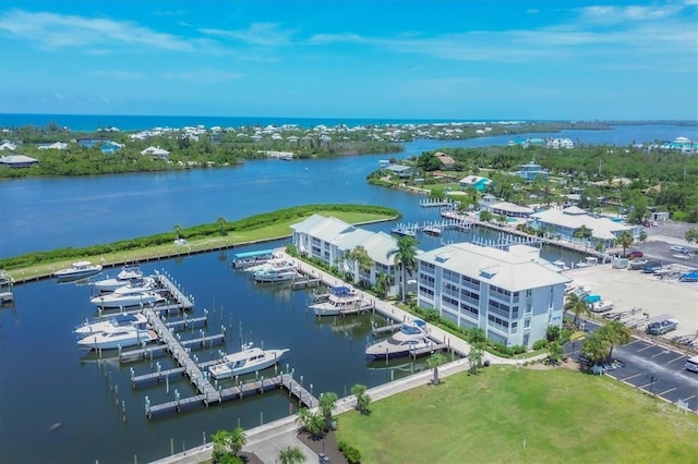 aerial view featuring a water view