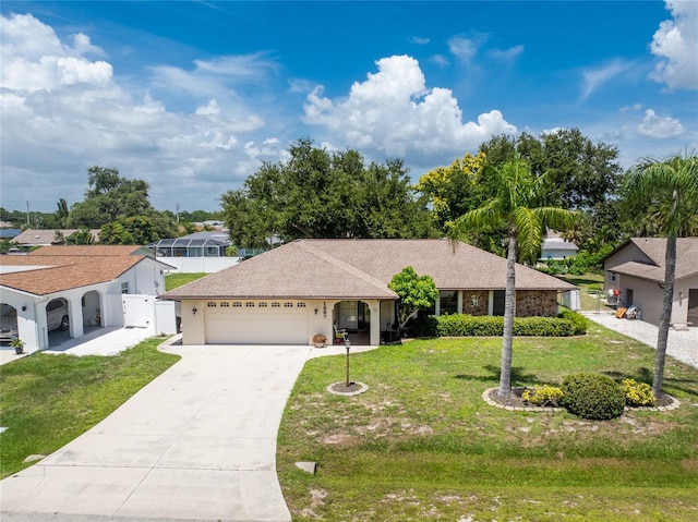 ranch-style home featuring concrete driveway, an attached garage, a gate, a front yard, and stucco siding