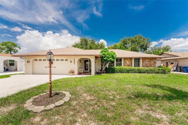 ranch-style house with driveway, stone siding, an attached garage, a front lawn, and stucco siding