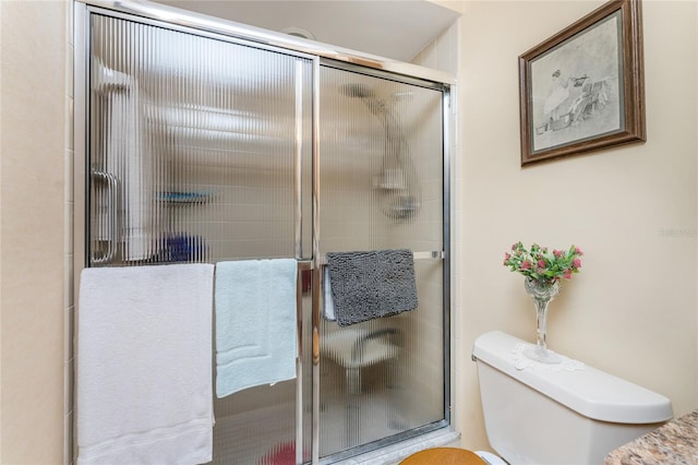 bathroom with a stall shower and toilet