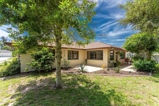 back of house with a patio area, a lawn, and stucco siding