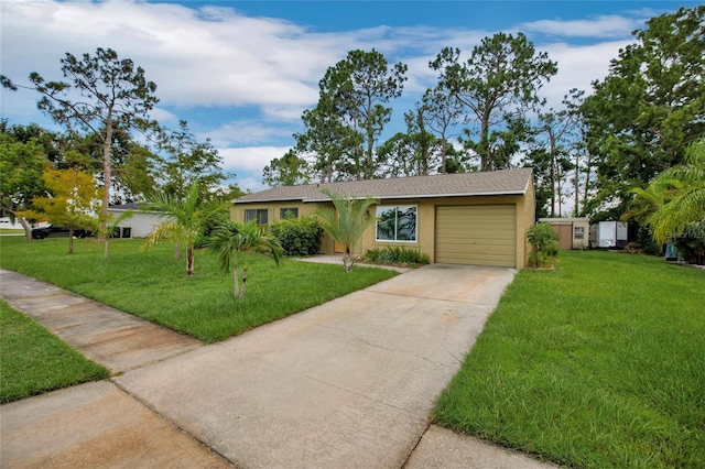 ranch-style home with a garage and a front lawn