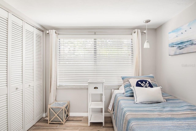 bedroom with wood-type flooring and a closet