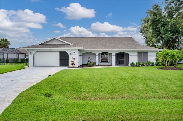 ranch-style house with a garage and a front yard