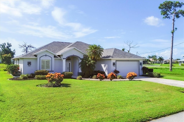 ranch-style house with driveway, roof with shingles, an attached garage, a front yard, and stucco siding