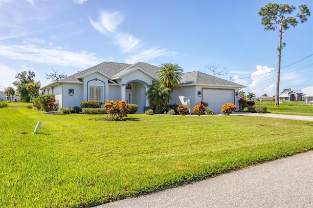 ranch-style home featuring roof with shingles, stucco siding, an attached garage, driveway, and a front lawn