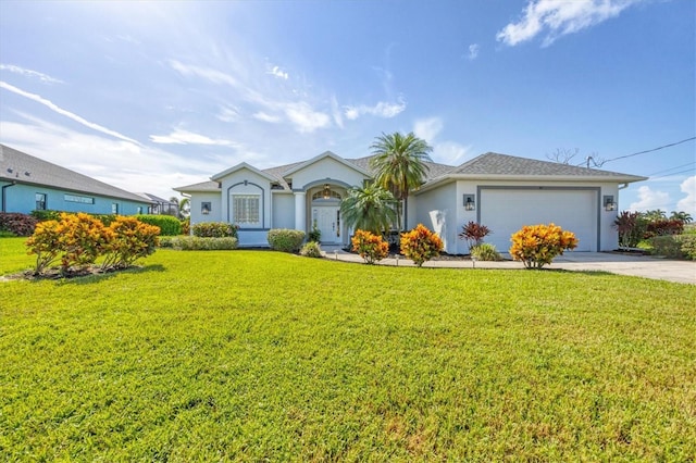 ranch-style house featuring driveway, a garage, a front lawn, and stucco siding