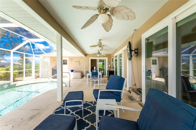 exterior space featuring ceiling fan