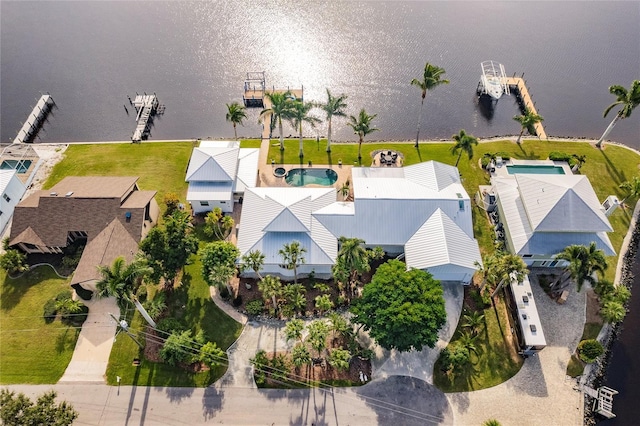 drone / aerial view featuring a water view