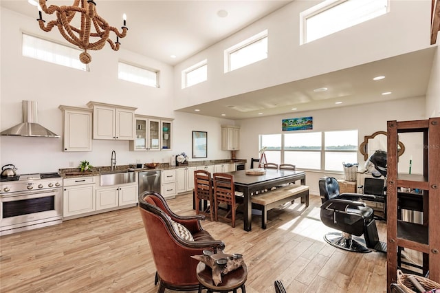 interior space with sink, a wealth of natural light, light wood-type flooring, and a high ceiling