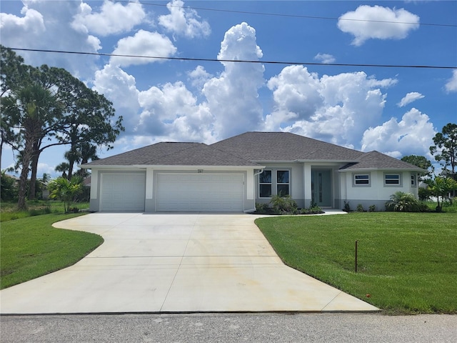 261 Broadmoor Ln, Rotonda West, FL 33947 - ranch-style home featuring driveway, a garage, stucco siding, a front lawn, and roof with shingles