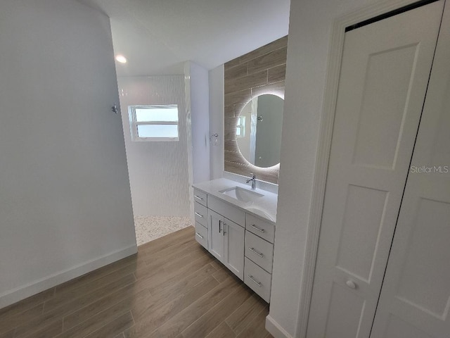 261 Broadmoor Ln, Rotonda West, FL 33947 - bathroom featuring walk in shower, vanity, and wood finished floors