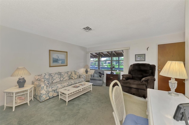 living room with a textured ceiling and carpet