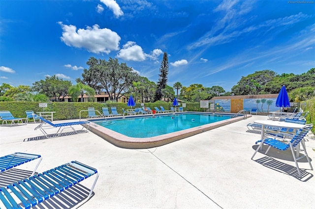 view of swimming pool featuring a patio area