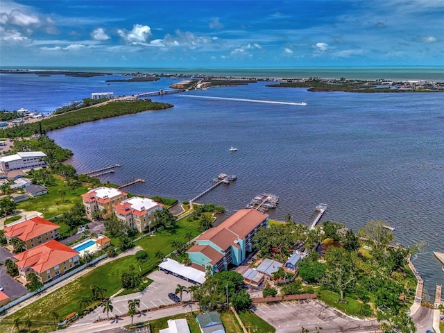 drone / aerial view with a water view