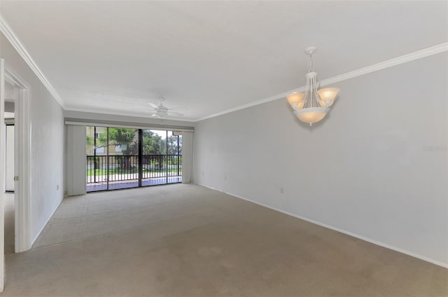 empty room with a ceiling fan, light carpet, and crown molding