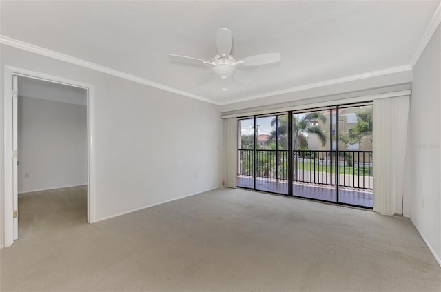 unfurnished room with crown molding, ceiling fan, and light colored carpet