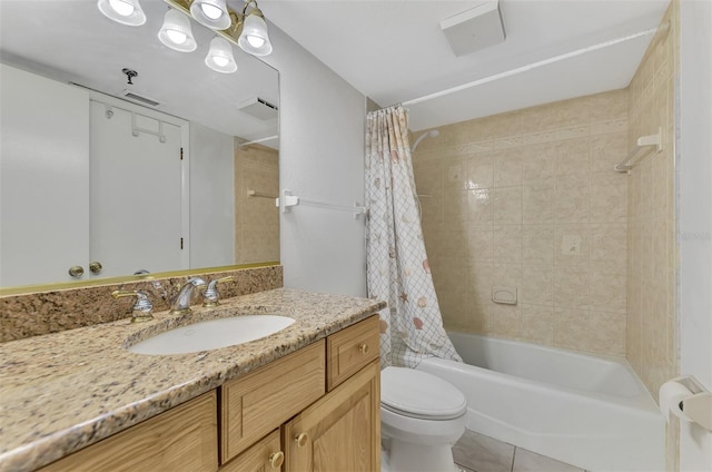 full bath with shower / tub combo, visible vents, vanity, and toilet