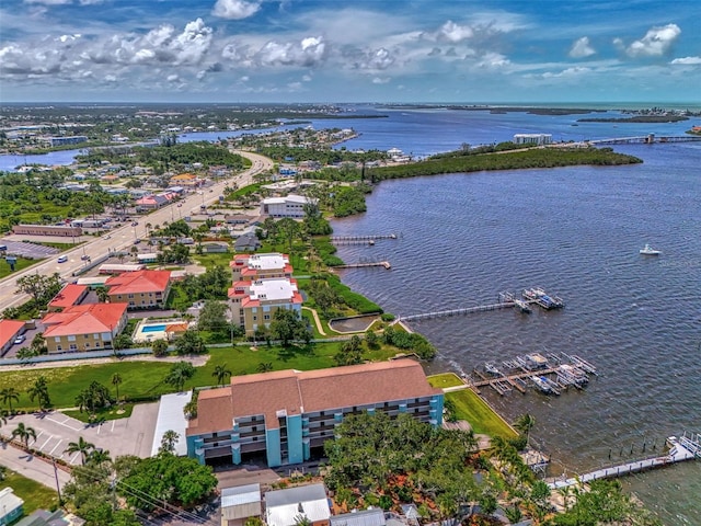 aerial view featuring a water view