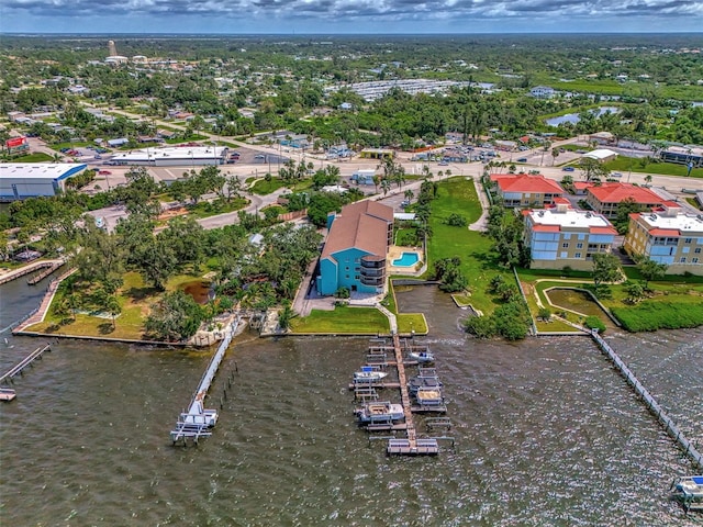 drone / aerial view with a water view