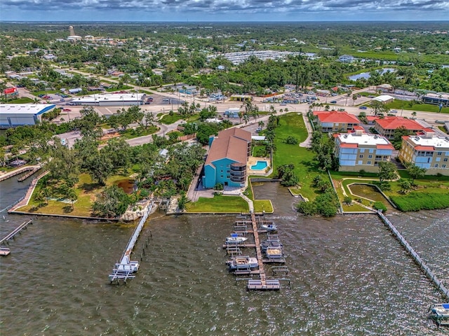 birds eye view of property featuring a water view